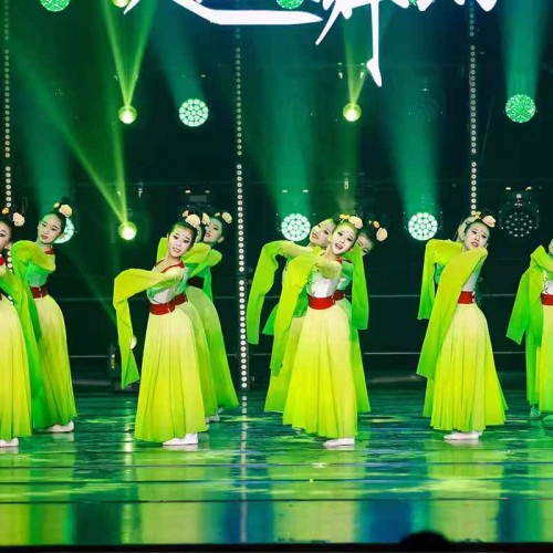 Girls kids green gradient chinese folk dance costumes children traditional classical waterfall sleeves princess ancient festival performance clothes for kids